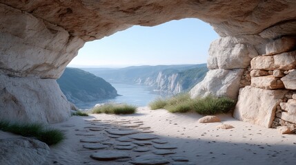 Ancient Cave Entrance Overlooking Azure Coastline Cinematic HDR Photography with Stone Archway and Coastal Scenery in Natural Sunlight