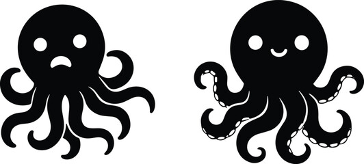 Cartoon octopus silhouettes with happy and sad expressions, tentacles detailed, emotional sea creature illustration perfect for marine, underwater, character design