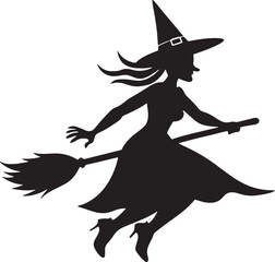 Flying witch silhouette on broomstick silhouette