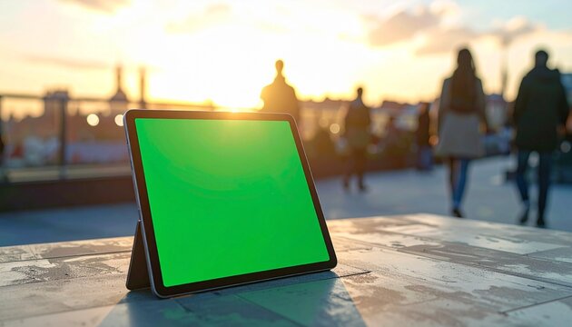 A tablet with a green screen stands on a table outdoors during sunset with people walking in the background.