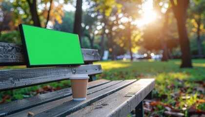 Tablet with green screen and coffee cup on a park bench in autumn.