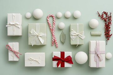 Festive gift arrangement on mint green background