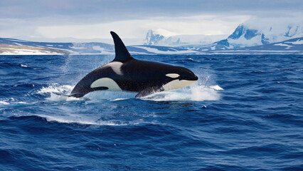Killer whale breaching the ocean surface with snowy mountains in the background on a cloudy day