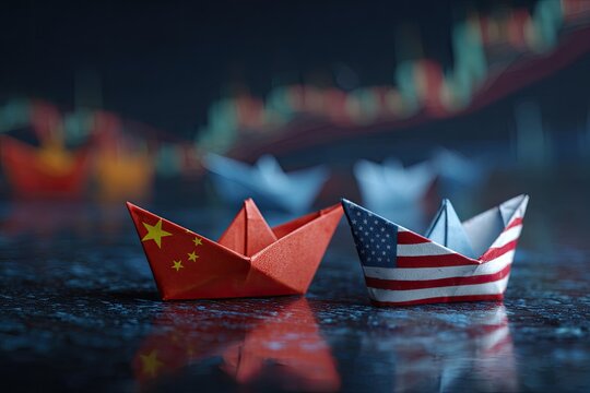 Two origami boats, representing China and the U.S., on a dark surface, with financial charts in the background