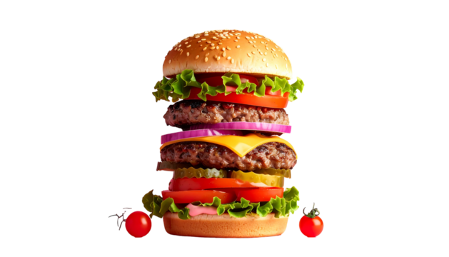 Giant triple decker cheeseburger with fresh lettuce and tomato.