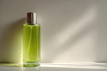 Light green perfume bottle on white surface