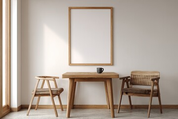 Empty room with wooden furniture and blank frame