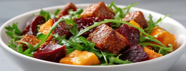 Colorful roasted vegetable salad topped with arugula served in a white bowl on a neutral background