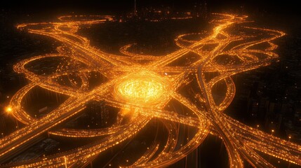 Aerial view of illuminated highway interchange at night