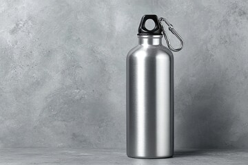 Stainless steel water bottle on a gray surface