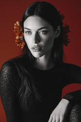 Women’s Fashion Beauty Black and White Portrait with Red Elements
