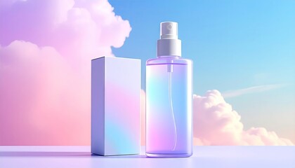 Elegant cosmetic spray bottle and packaging on pastel sky background.