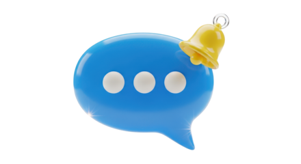 Blue speech bubble with three white dots and yellow bell isolated on a transparent background
