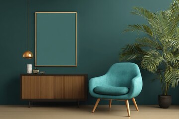 Teal room with framed art and chair