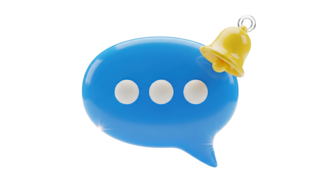 Blue speech bubble with three white dots and yellow bell isolated on a transparent background