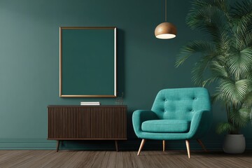 Teal room with framed art and armchair