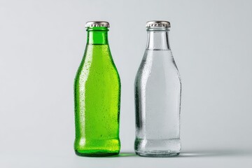 Two beverage bottles, one green and one clear, on a light gray background