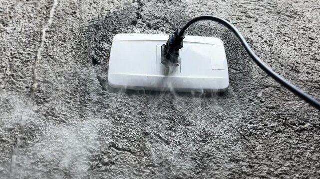 The plug in the socket is smoking due to a short circuit and overvoltage