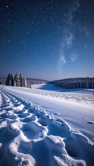 Serene winter night landscape, soft snowfall blankets a snow-covered field under a starlit sky, weather, winter