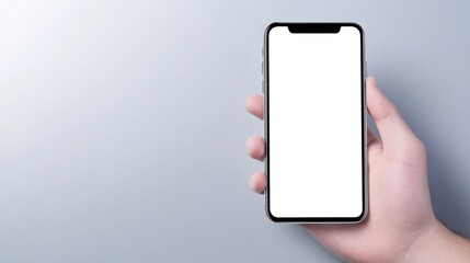 Hand holding smartphone blank white screen mobile phone mockup