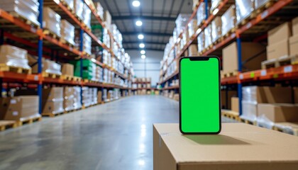 Smartphone with green screen in a warehouse with shelves and boxes.