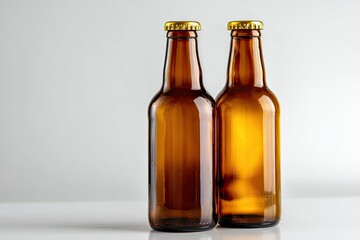 Two amber glass bottles with gold caps on a white background