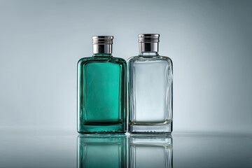 Two rectangular perfume bottles, teal and clear, on a reflective surface