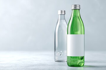 Two water bottles, one clear, one green, on a light-gray surface