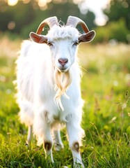 Obraz premium White goat in grassy field
