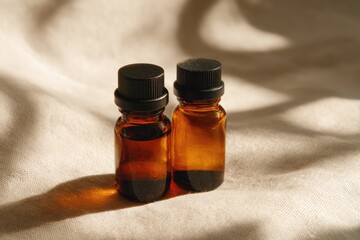 Two amber glass bottles on beige fabric