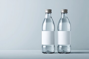 Two clear water bottles with blank labels against a light gray background