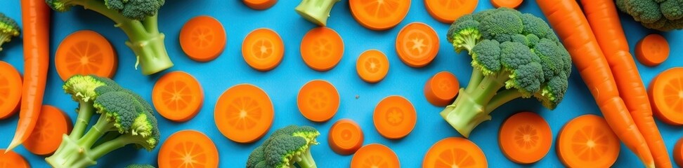 Vibrant broccoli florets and sliced carrots scattered artfully on a bright blue background, healthy food, ingredients