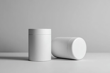 Two blank, cylindrical containers on a plain surface