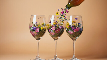 Pouring flowers from a bottle into three wine glasses filled with colorful floral arrangements artfully