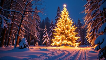 A majestic illuminated Christmas tree stands tall in a snowy winter forest, casting a warm glow, wonderland, glow