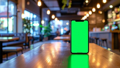 A smartphone with a vibrant green screen stands prominently on a polished wooden table inside a modern, softly lit cafe, ready for a digital mock-up.