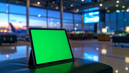 A tablet with a green screen sits in an airport lounge, ready for content.