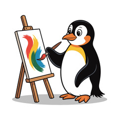 Obraz premium A cartoon penguin painting on an easel with colorful strokes, isolated on white background technology background