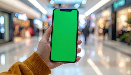 A person's hand holding a smartphone with a green screen inside a brightly lit shopping mall.