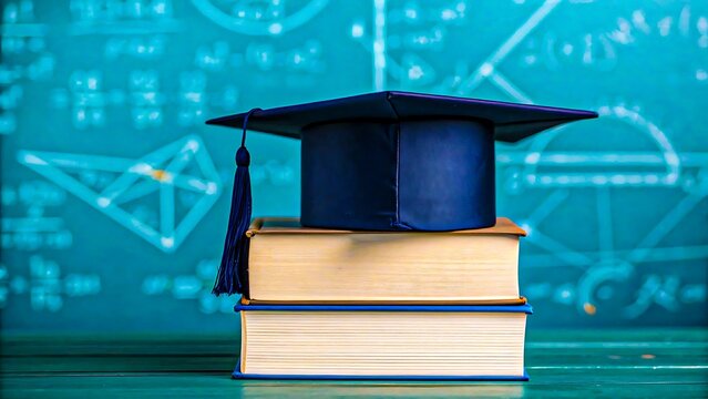 Graduation cap on stack of books with blue math background
