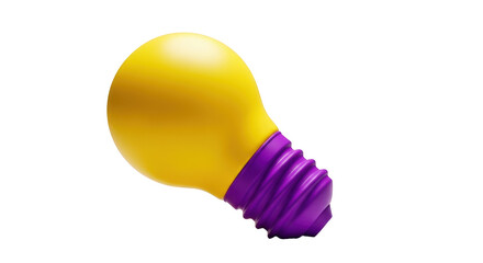 Bright yellow light bulb with purple screw base isolated on a transparent background idea concept