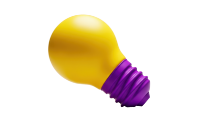 Bright yellow light bulb with purple screw base isolated on a transparent background idea concept