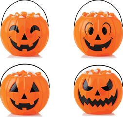 Halloween pumpkin candy buckets vector illustration with jack o lantern faces, trick or treat containers, spooky festive design for holiday decorations