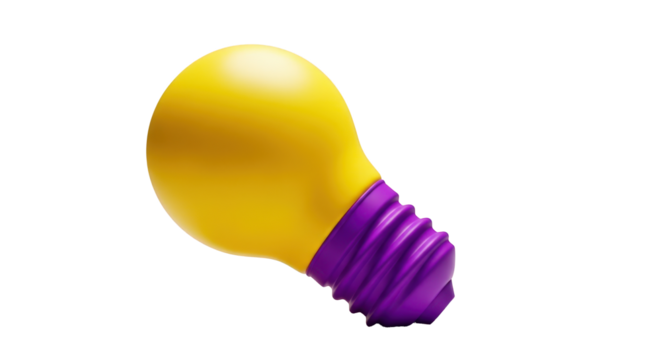Bright yellow light bulb with purple screw base isolated on a transparent background idea concept