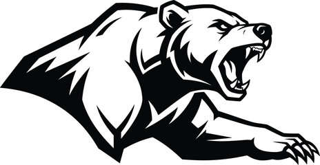 Aggressive roaring bear vector illustration in black and white style for mascot, logo, sports branding, wildlife, and fierce animal themes