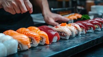 Assorted sushi close up view professional food photography