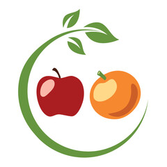 Healthy apple and orange with green leaf swoosh minimalist vector icon