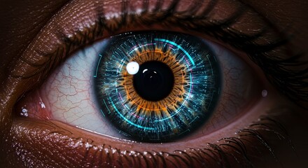Close-up of a futuristic human eye with digital iris