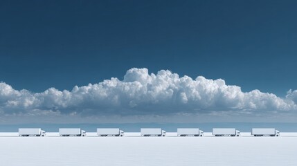 Trucks Lined up on an Open Landscape Under a Clear Blue Sky With Fluffy Clouds in the Background During Daylight