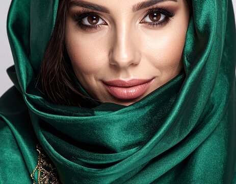 Elegant woman with striking eyes and luxurious emerald green silk headscarf, exuding confidence and sophistication.